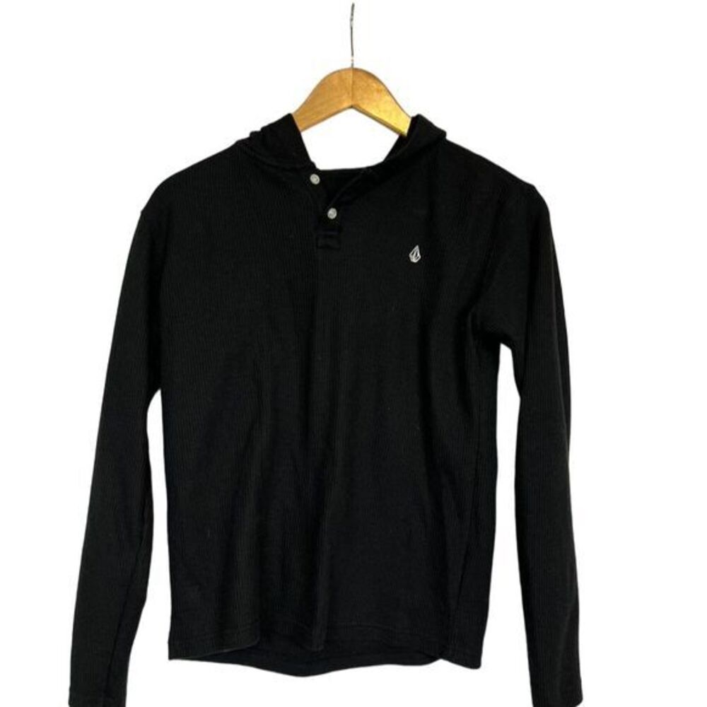Volcom boys Large Black Pullover Hooded Thermal Sweater Tee